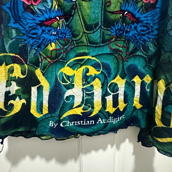 Y2K Ed Hardy Tattoo Print Sheer Scarf by Christian Audigier Graphic Scull Roses - Picture 5 of 7